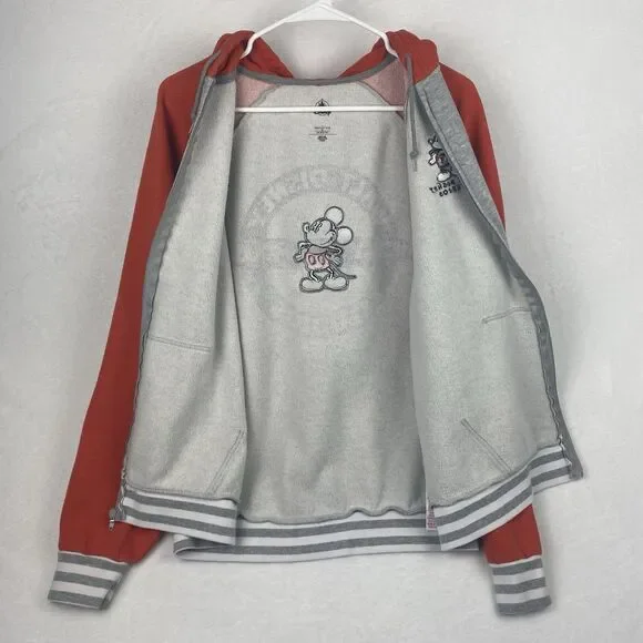 Disney Mickey Mouse Adult Zip Up Sweater Large Gray Orange Hooded Pockets - Picture 5 of 14